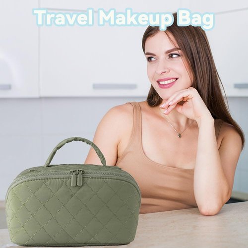 Petition Makeup Bag for Women, Wide Open Lay-Flat Cosmetic Case, Festivalment Makeup Bag, Spacious 180° Open Cosmetic Organizer for Toiletries & Brushes Large Capacity with Compartments (Green)