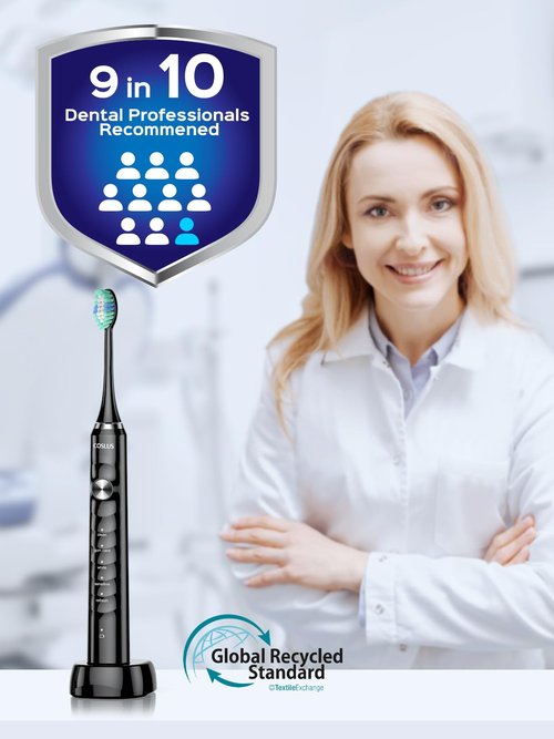 COSLUS Sonic Electric Toothbrush for Adults C40(DY-108Pro): 47000 VPM for Deep Cleaning with Travel Case - 5 Modes for Sensitive Teeth & Brace, Wireless Charging, 6 Brush Heads for Family, Black (1PC)