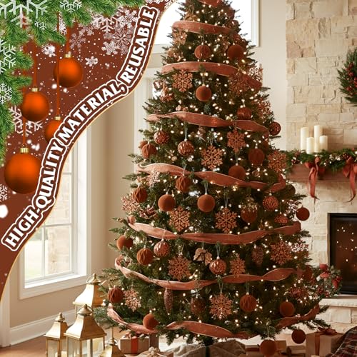 Brown Velvet Christmas Tree Ornaments Set - Holiday Decor, 36 Pcs