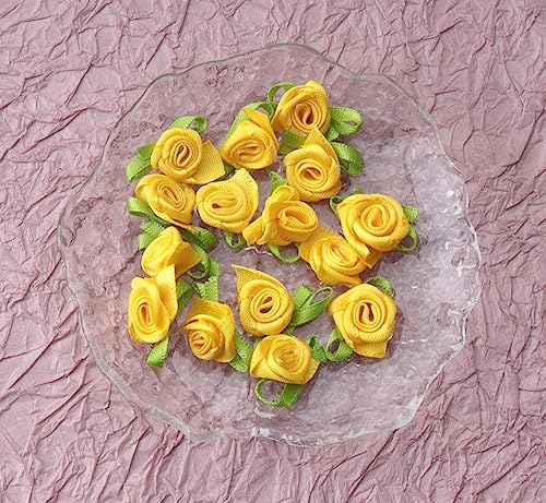 50 Pcs Satin Roses with Green Leaves for DIY Crafting Sewing - Yellow