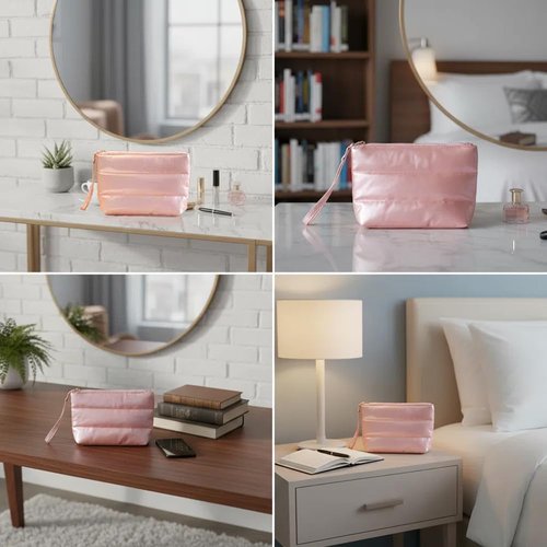 CHIC DIVINNA Quilted Makeup Bag, Pink Metallic Cosmetic Pouch, Puffy Travel Toiletry Bag for Women (Pink)