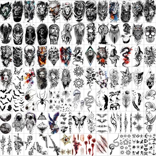 Halloween Black Scary Animal Temporary Tattoos Set - Wolf, Lion, Tiger, Skeleton, Skull, 102 Sheets