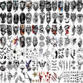 Halloween Black Scary Animal Temporary Tattoos Set - Wolf, Lion, Tiger, Skeleton, Skull, 102 Sheets