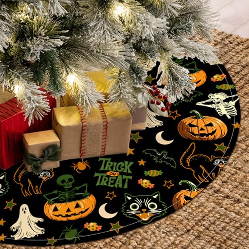 Halloween Tree Skirt 36 Inch Black Ghost Pumpkin Skull Cats Xmas Decor Festive Tree Mat