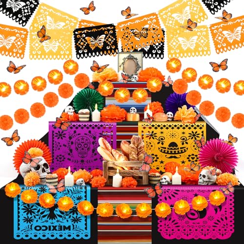 Day of the Dead Decorations Set with LED Marigolds & Butterflies - Fiesta Party Supplies