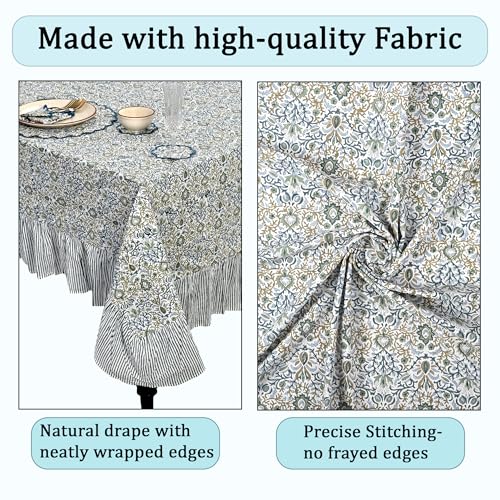 Ridhi Indigo Blue Ruffle Hand Block Print Cotton Tablecloth 70x108 in - Rectangular
