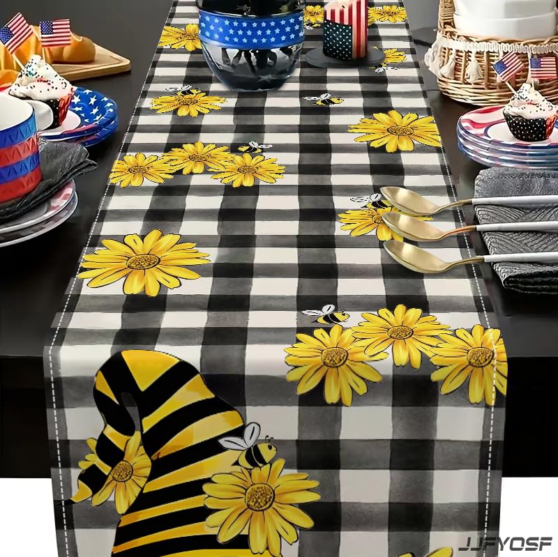Bee Gnome Table Runner with Sunflower Design - Rustic Farmhouse Kitchen Decor, 13x72 Inch (Sunflower Bee Gnome)