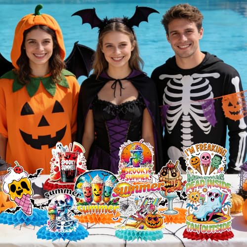 Summer Halloween Ghost & Beach Honeycomb Centerpieces - 9 Pack