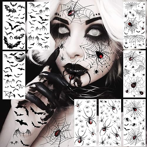 Halloween Spider Web Face Tattoo Stickers - Black, 9 Sheets for Adults & Kids