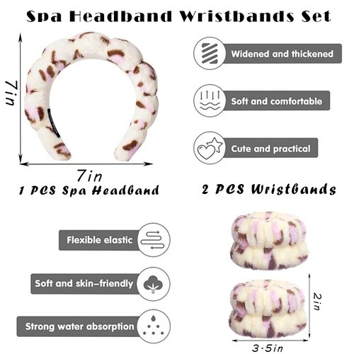 Tetizo Spa Headbands - Soft Terry Cloth Makeup & Skincare Wristband Set | Non-Slip Hairband for Women