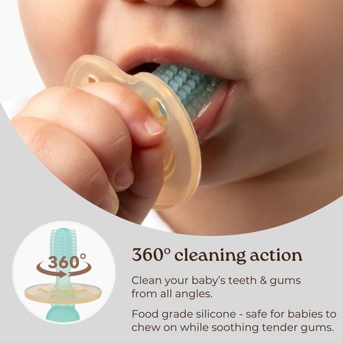 haakaa 360° Silicone Baby Toothbrush – 100% Soft Food Grade Silicone, BPA-Free, Suction Base, Safe for Babies 6 Months+, Gentle Gum and Teeth Cleaning for Infants, Gum Massager (Mist Blue)