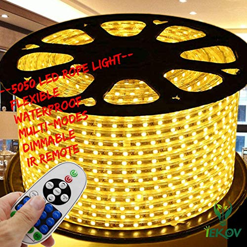 32.8ft Warm White Waterproof LED Strip Light with Remote - AC 110-120V, Multi-Mode Dimmable Rope Light for Home & Office Decoration