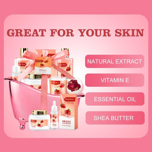 Spa Kit for Women, Bath & Body Gift Set, Luxury Home Spa Bath Gift Basket, Strawberry Scented Bath Set Christmas Gifts for Women, Pamper Gifts for Girls & Teens, Birthday Gift, Bath Self Care Gift