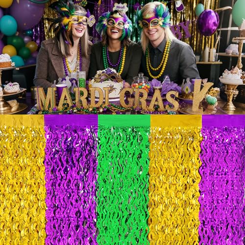 Mardi Gras Decorations 2 Pack Purple Green Gold Metallic Tinsel Fringe Table Skirts