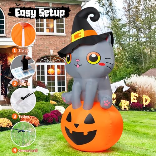 6 FT Halloween Inflatable Cat with Pumpkin and LED Lights Outdoor Yard Decor