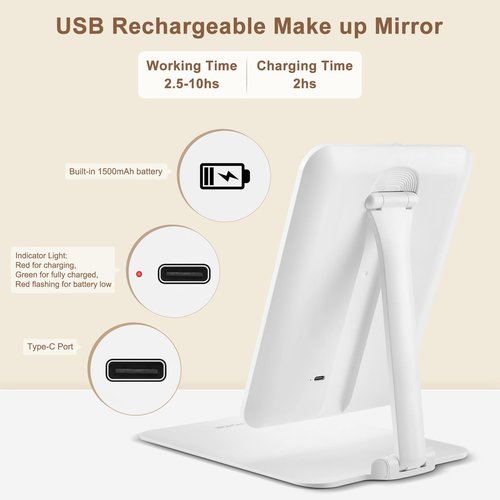 TPCHOIE Lighted Travel Mirror with Rechargeable Light, Adjustable Stand & 3 Light Colors