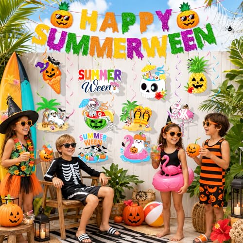 Colorful Summerween Party Decorations Set with Banner & Hanging Swirls
