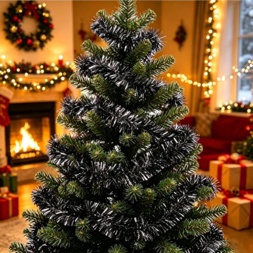 Black 33Ft Christmas Tinsel Garland Foil Sparkling Holiday Decor - RUPOFUZA