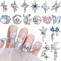 16 Styles Luxury Moon Star Nail Charms for Acrylic Nails Alloy Rhinestone Star Moon Nail Art Charms 3D Bow Butterfly Silver Nail Charms Y2k Nail Accessories Metal Nail Jewels for Nail Art Supplies