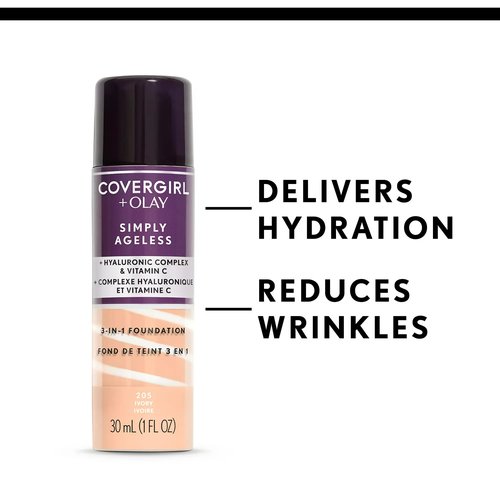 COVERGIRL & Olay Simply Ageless 3-in-1 Liquid Foundation, Matte Finish, Hyaluronic & Vitamin C Formula, 232 Nude Beige, 2 Count