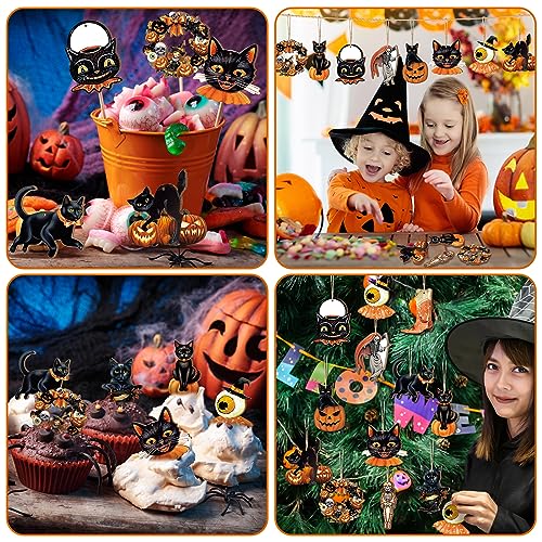 Halloween Tree Ornaments Set - Wooden Pumpkin Skull Cat Decorations, 36 Pcs