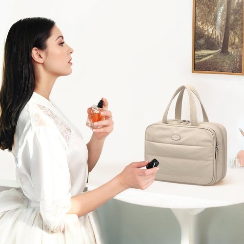 GOLF QUALITY Travel Toiletry Bag with Jewelry Organizer,Hanging Toiletry Bag Carry-on Puffy Cosmetic Make up Bag Organizer for Travel Accessories,Essentials,Toiletries,Apricot