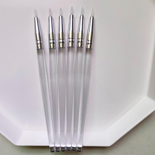 Silicone Eyeliner Brushes for UV resin, Metallic Glitter Shimmer Eyeshadow, Nail Sequins Nail Sticker Colorful Hearts，Gel or Liquid Eyeliner Along Lash Lines (6pcs, transparent handles)
