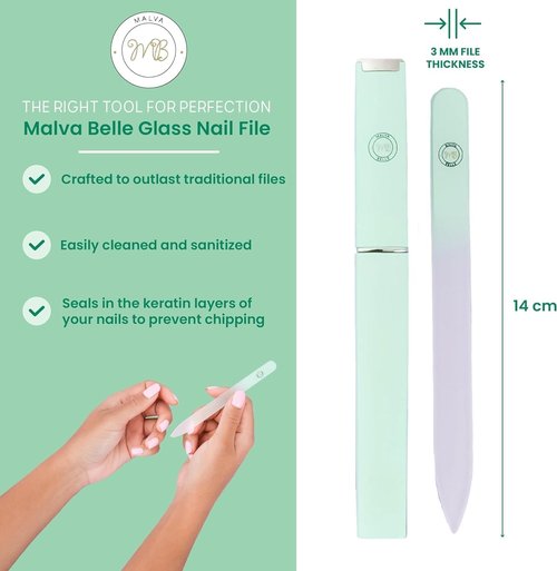 Malva Belle Best Crystal Glass Nail File for Women - File & Travel Case Set - Heavy Duty for Natural Nails, Gel - Professional Nail Shaper – Nail Care Essentials - Pastel Green 3mm