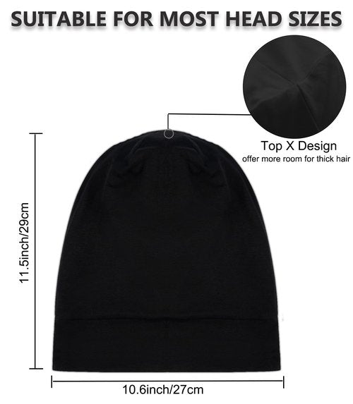 2pcs Satin Bonnet for Sleeping Night Cap, Satin Lined Silk Bonnet Large Sleep Cap for Curly Braids Hair Beanie Black Women