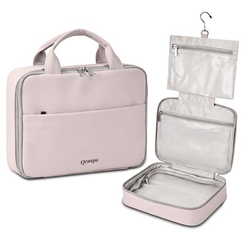 Qeauqsa Makeup Bag Organizer, Large Hanging Toiletry Bag for Women with Leakproof Compartments, Travel Cosmetic Case for Full Sized Toiletries & Brushes Travel Cosmetic Bag Cruise Essentials - Pink
