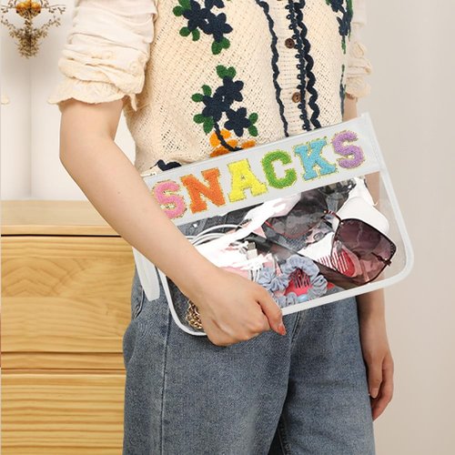 HIGH FIT Snack Bags Pouch Travel Makeup Bag Chenille Letter Patch - Waterproof Nylon Clear Cosmetic Bag/Tote Bag/Makeup Travel Bag/for Women Girls (Snack-White)