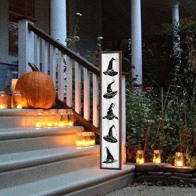 Halloween Welcome Sign for Front Door Standing - Witch Hat Wooden Porch Decor - Black & White