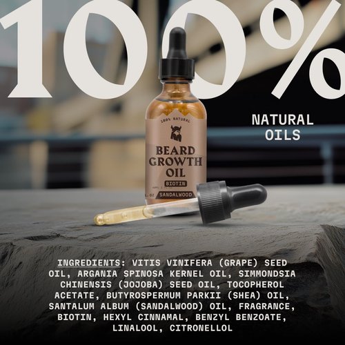 Striking Viking Beard Growth Kit - Sandalwood, 2 fl oz - Fuller, Thicker & Healthier Facial Hair Oil Infused with Jojoba & Argan Extracts - For All Hair Types & Patchy Areas - Biotin Fortified