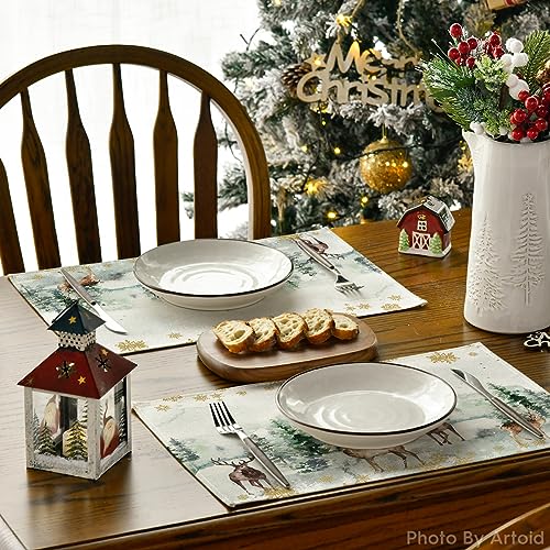 Watercolor Deer Trees Snowflakes Christmas Placemats Set of 12 - 12x18 Inch Seasonal Winter Table Mats, Green, Rectangular