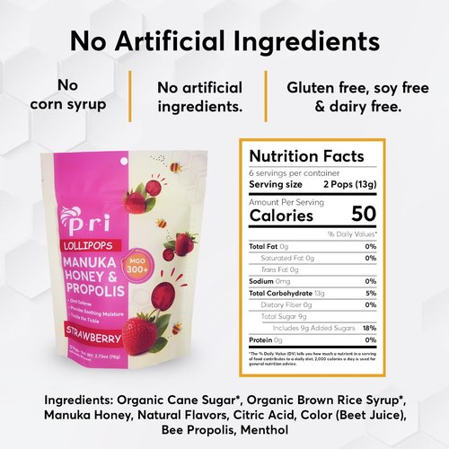 P.R.I Strawberry Manuka Honey Lollipops - Throat Soothing Pops with Propolis & Menthol | 24 Count