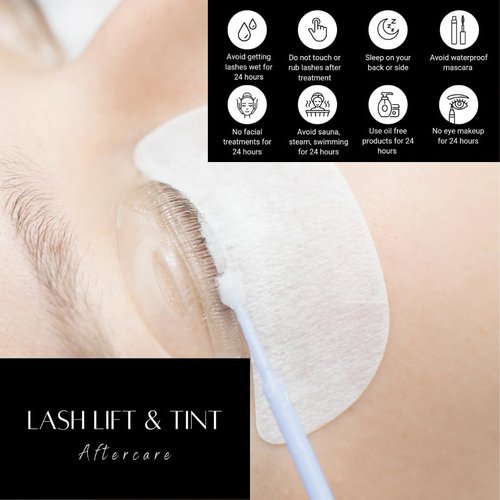 Lash Lift and Tint Aftercare Card | 50 Pack | 2x3.5 Inch Business Card Size | Lash Lift and Tint, Black & White Simple Design with Illustration & Instruction