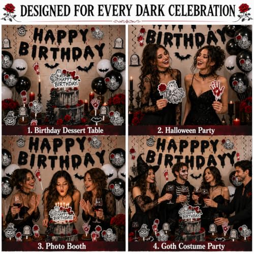 166PCS Gothic Halloween Birthday Decorations Party Supplies Set for Girls Women