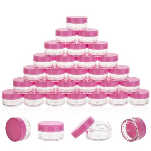 100 Count 5 Gram Sample Containers, Clear Lip Balm Containers with Lids, Small Plastic Sample Jars with 8 Mini Spoons, 100pcs Labels (Pink Lid)