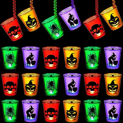 Halloween Shot Glass Necklace Set - 24 Assorted Plastic Skull Ghost Cups with Beaded Chains - Stylish Style