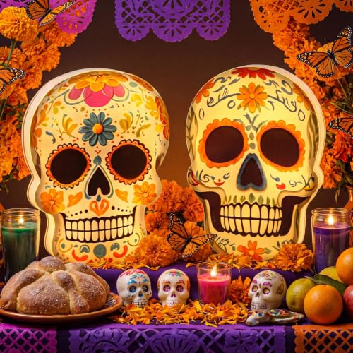 2-Pack Day of The Dead Skull Lanterns LED Sugar Skull Halloween Decor