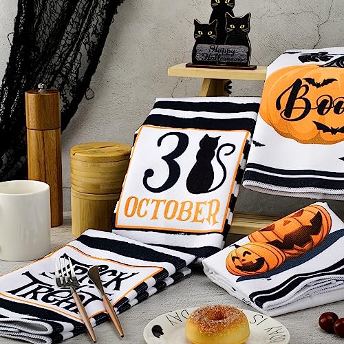 Halloween Kitchen Towels Set - 4 Pieces with Pumpkin Cat Bat Prints, Black and White