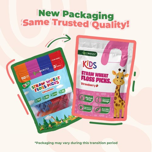 Kids Flossers - Straw Wheat Handle | Dental Floss Picks for Children | Fluoride-Free | Colorful & Fun Animal Floss Sticks (Strawberry, 200 Pack)