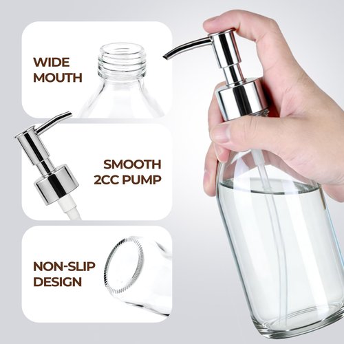 Homepicker 8 oz Clear Glass Pump Bottle, 250ml Small Lotion Dispenser Bottle for Body Massage Oil, Refillable Empty Hand and Dish Soap Dispensers Set with Plastic Silver Pump, Labels - 2 Pack