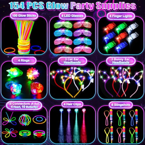 154-Piece Glow in the Dark Party Supplies Set for Kids & Adults - Neon Party Favors & Accessories