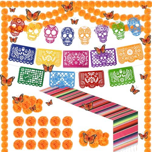 Large Dia De Los Muertos Decorations Set with Marigolds & Butterflies - Stripe