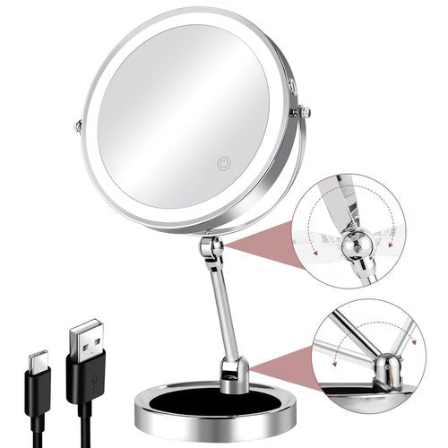 FFowcye 8" Rechargeable Lighted Makeup Mirror with Magnification, Adjustable Height & Brightness 1X/10X Double Side Magnifying Mirror with Light, 3 Color Lighting 360° Rotation Storable Base, Chrome