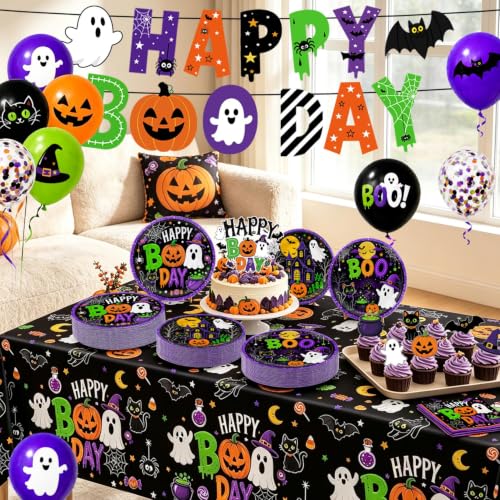 Halloween Party Supplies Set with Plates, Napkins, Cups, Balloons & Decorations for 24 Guests