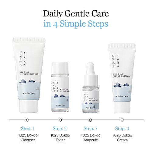 ROUND LAB 1025 Dokdo Hydrating Mini Size Kit (Cleanser, Toner, Ampule, Cream), Deep Hydration for Dry Skin, Daily Skin Care Routine Trial Kit for Moisture Care, Travel Size Gift Set, Korean Skin Care