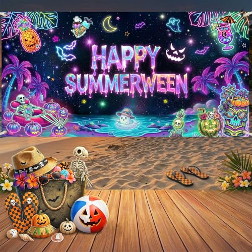 Summerween Halloween Banner - Tropical Pink Pumpkin Wall Decor 70.8x35.4 Inches