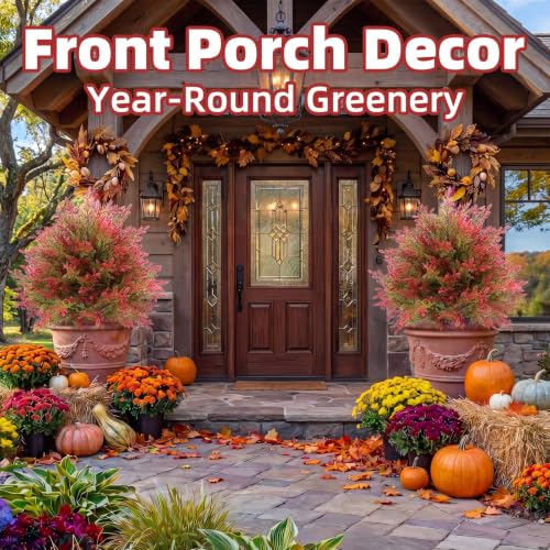 Artificial Fall Cedar Topiary Trees in Pot - Red & Green, 2 Pack Outdoor Faux Shrubs